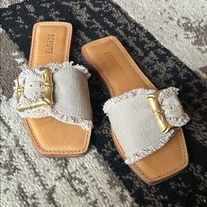 SCHUTZ Women's Cream and Gold Buckle Sandals